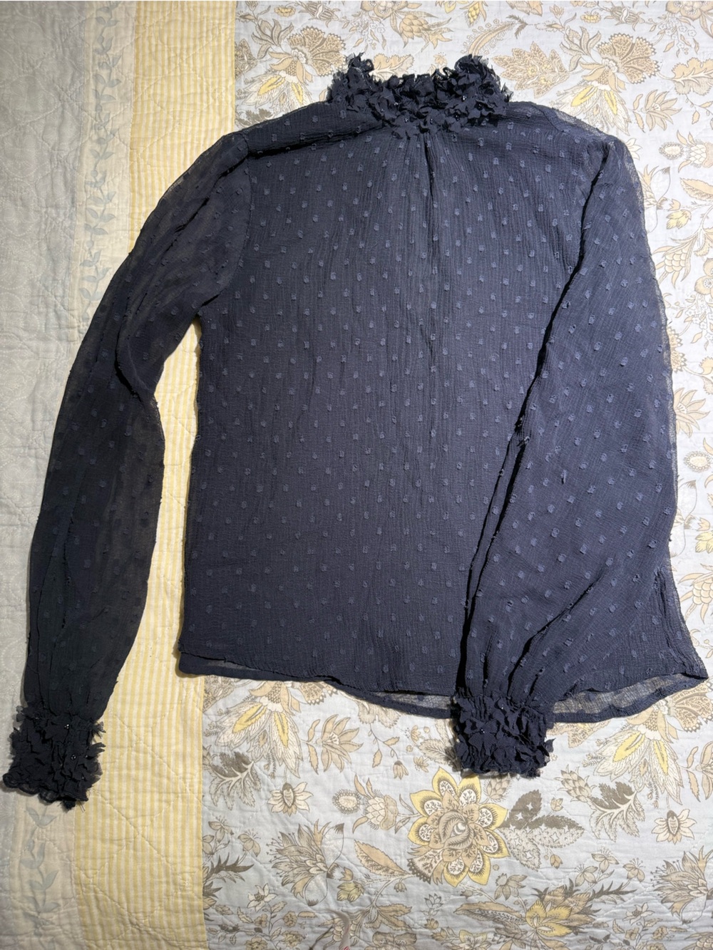 Zara Navy Textured Swiss Dot Ruffle Neck Blouse